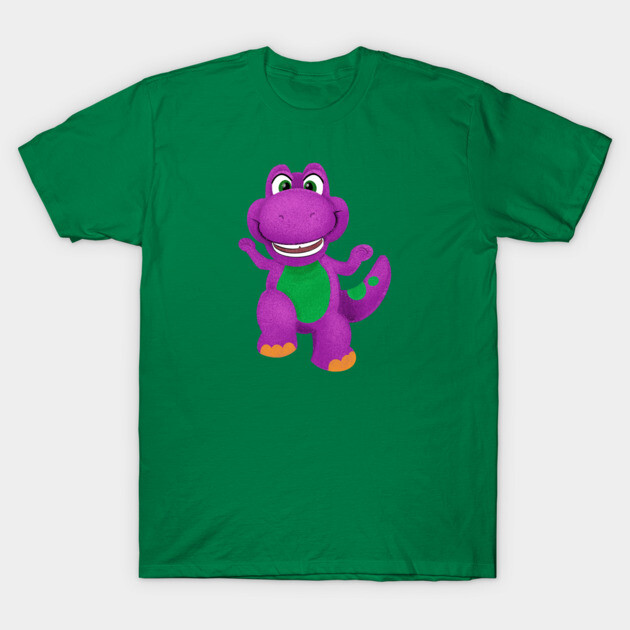 Green t-shirt with purple cartoon dinosaur graphic, cotton material, casual wear, unisex design, fun style.