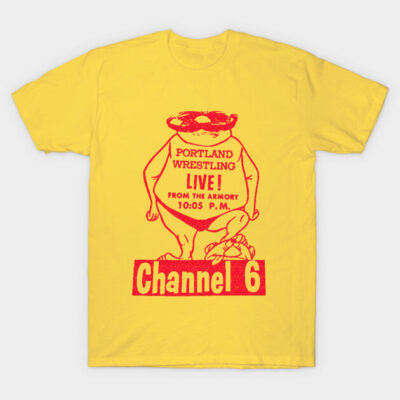 Yellow T-shirt with red retro "Portland Wrestling Live" graphic, comfortable cotton material, casual wear.