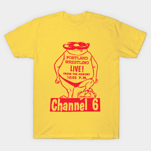 Yellow T-shirt with red retro "Portland Wrestling Live" graphic, comfortable cotton material, casual wear.