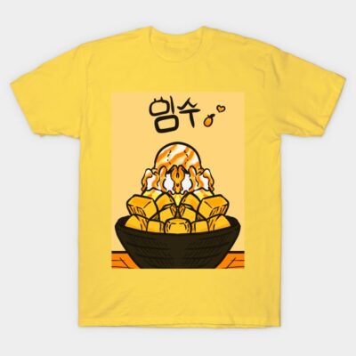 Yellow t-shirt with cartoon food graphic, featuring a bowl of dessert cubes and ice cream, casual wear cotton fabric.