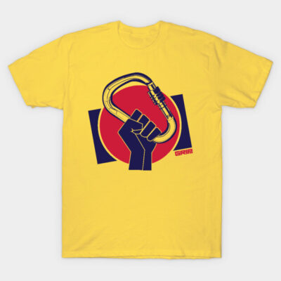 Yellow graphic t-shirt featuring bold carabiner design, casual style, ideal for outdoor enthusiasts, cotton material.