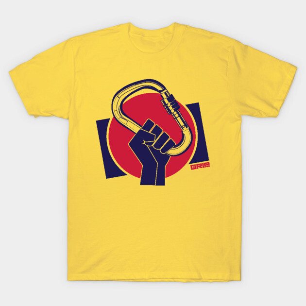 Yellow graphic t-shirt featuring bold carabiner design, casual style, ideal for outdoor enthusiasts, cotton material.