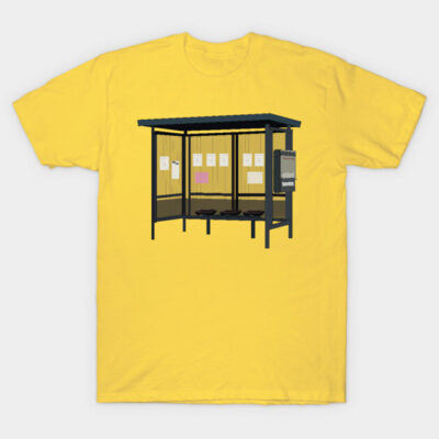 Yellow t-shirt with graphic of a bus stop design, casual style, 100% cotton, ideal for everyday wear.