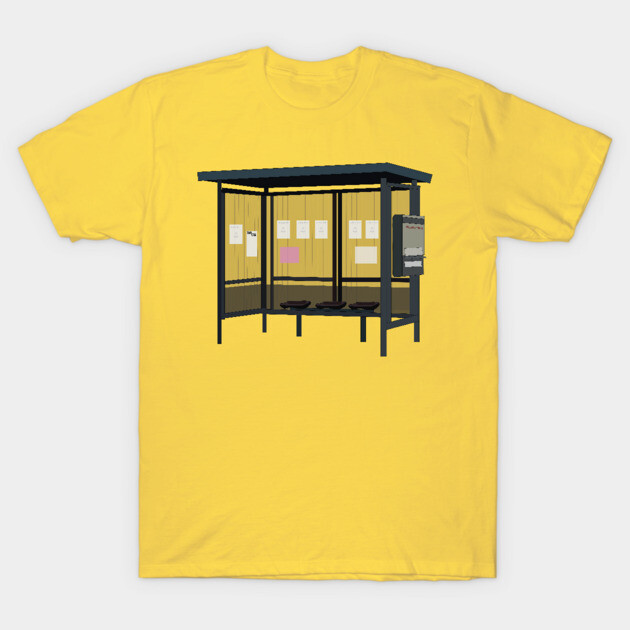 Yellow t-shirt with graphic of a bus stop design, casual style, 100% cotton, ideal for everyday wear.