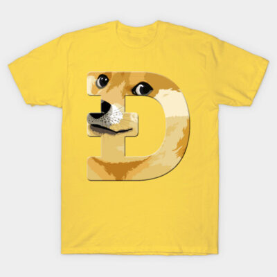 Yellow graphic t-shirt with large letter D featuring a dog design, casual wear, soft cotton material.