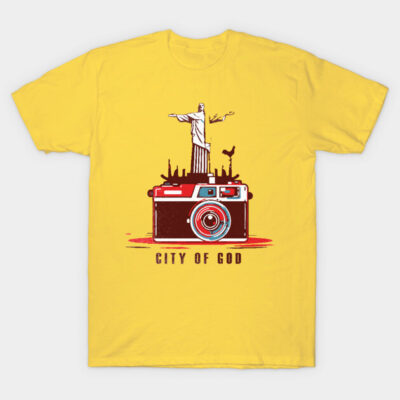 Yellow t-shirt with "City of God" design featuring a camera and statue graphic. Casual wear, cotton material.