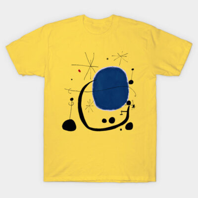 Yellow t-shirt with abstract blue and black design, modern art style, casual wear, 100% cotton.