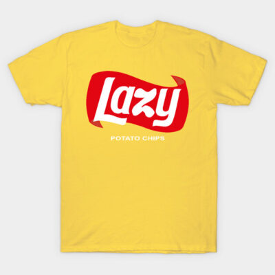 Yellow cotton t-shirt with "Lazy Potato Chips" graphic in red and white, casual wear, unisex style.