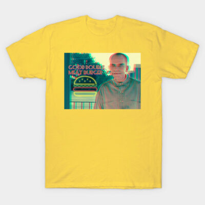 Yellow graphic t-shirt featuring a retro burger design and text, casual wear, 100% cotton, unisex.