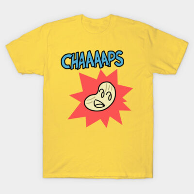 Yellow T-shirt with cartoon design and "CHAAAPS" text, casual style, 100% cotton, perfect for everyday wear.
