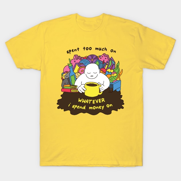 Yellow graphic t-shirt with colorful cartoon design and humorous text, perfect for casual wear. Cotton material.