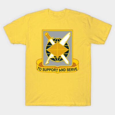 Yellow t-shirt with military insignia and "To Support and Serve" slogan, ideal for casual wear or themed events.