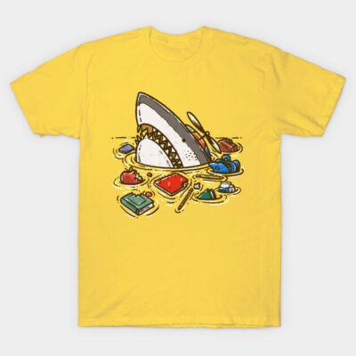 Yellow t-shirt with playful shark and book graphic, casual style, cotton fabric, ideal for everyday wear.