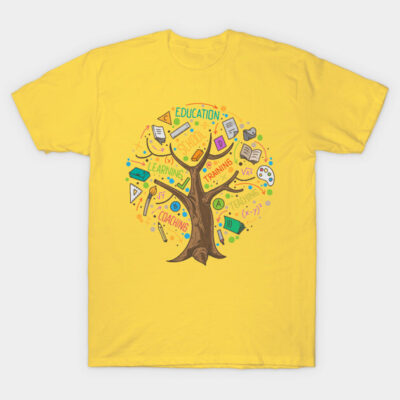 Yellow T-shirt with educational design featuring a tree with colorful school-themed icons, perfect for learning enthusiasts.