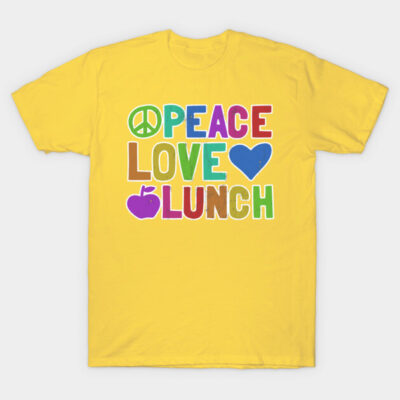 Yellow t-shirt with "Peace Love Lunch" graphic in colorful letters, casual style, cotton material.
