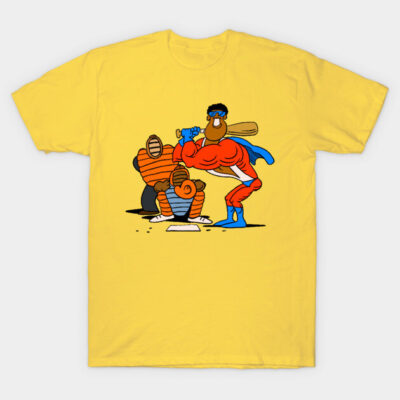 Yellow graphic T-shirt featuring a cartoon superhero baseball design, made from soft cotton, perfect for casual wear.