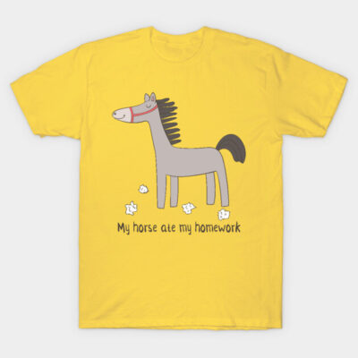 Yellow t-shirt with playful horse graphic and "My horse ate my homework" text, casual style, cotton blend.