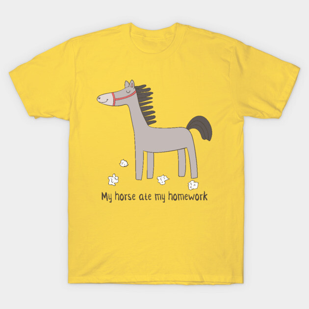 Yellow t-shirt with playful horse graphic and "My horse ate my homework" text, casual style, cotton blend.