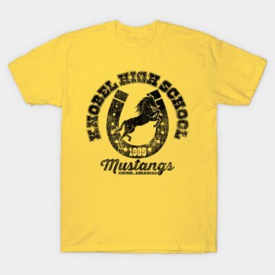 Yellow t-shirt featuring "Knobel High School Mustangs" graphic design, casual style, ideal for everyday wear.