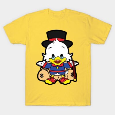Yellow t-shirt with cartoon duck graphic, colorful design, casual wear, soft cotton material, unisex style.