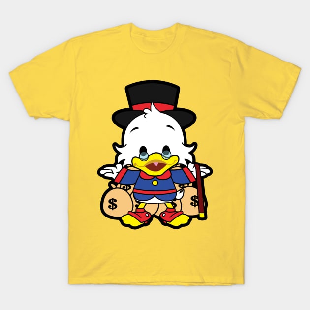 Yellow t-shirt with cartoon duck graphic, colorful design, casual wear, soft cotton material, unisex style.
