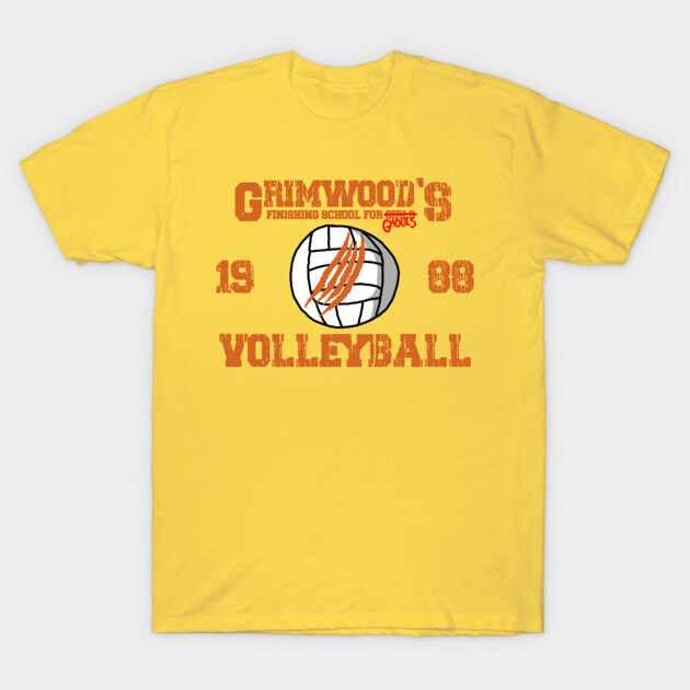 Yellow volleyball graphic t-shirt, featuring retro text design and sporty theme, ideal for casual wear.