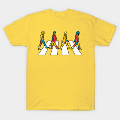 Yellow graphic t-shirt featuring colorful abstract figures crossing a street. Casual wear, cotton material.