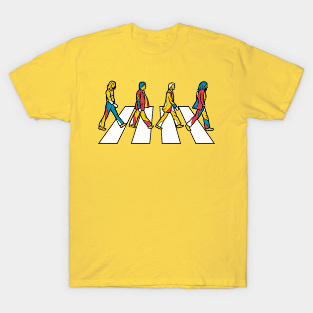 Yellow graphic t-shirt featuring colorful abstract figures crossing a street. Casual wear, cotton material.