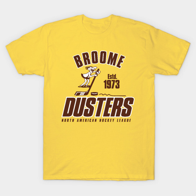 Yellow Broome Dusters t-shirt with vintage hockey design, perfect for sports enthusiasts. 100% cotton casual wear.