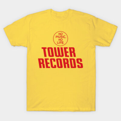 Yellow T-shirt with "Tower Records" red print, casual style, cotton material, ideal for music enthusiasts.