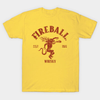 Yellow Fireball Whisky T-shirt, vintage red graphic, casual wear, 100% cotton, comfortable fit, men's fashion.