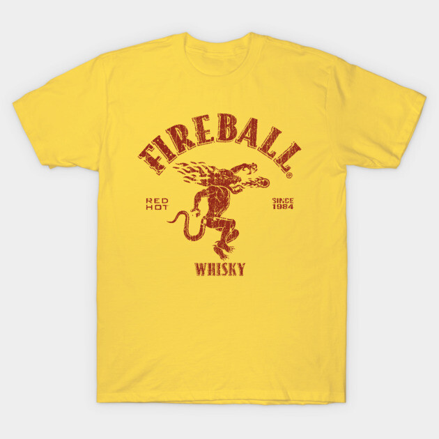 Yellow Fireball Whisky T-shirt, vintage red graphic, casual wear, 100% cotton, comfortable fit, men's fashion.