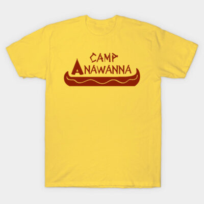 Yellow t-shirt with "Camp Anawanna" text in red, casual style, soft cotton, ideal for camping or casual wear.