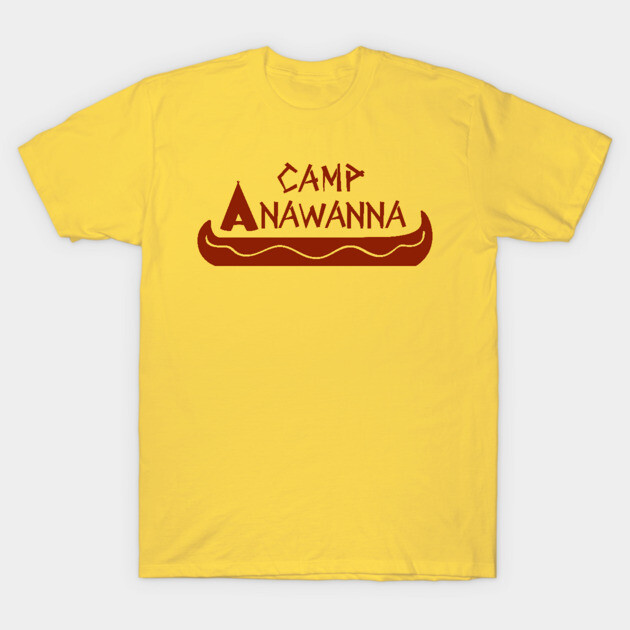 Yellow t-shirt with "Camp Anawanna" text in red, casual style, soft cotton, ideal for camping or casual wear.