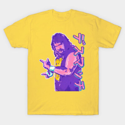 Yellow graphic t-shirt featuring a colorful retro-style illustration with Japanese text, ideal for casual wear.