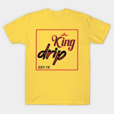 Yellow graphic t-shirt with "King Drip" design, casual style, cotton material, perfect for everyday wear.