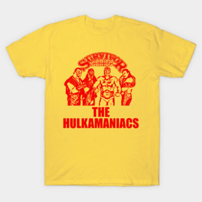 Yellow graphic t-shirt featuring red "The Hulkamaniacs" design, ideal for casual wear, cotton material.
