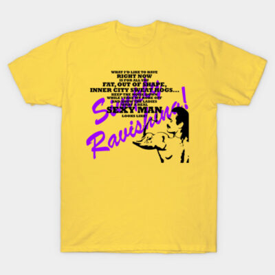 Yellow graphic T-shirt with bold text and image, casual style, cotton material, perfect for everyday wear.