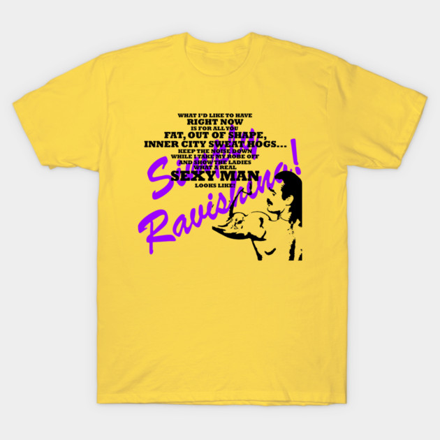 Yellow graphic T-shirt with bold text and image, casual style, cotton material, perfect for everyday wear.
