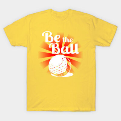 Yellow "Be the Ball" graphic T-shirt, golf-themed design, casual wear, 100% cotton, unisex style.