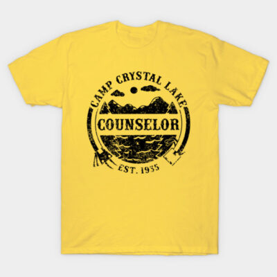 Yellow t-shirt with "Camp Crystal Lake Counselor" graphic, casual style, short-sleeve, 100% cotton, unisex design.