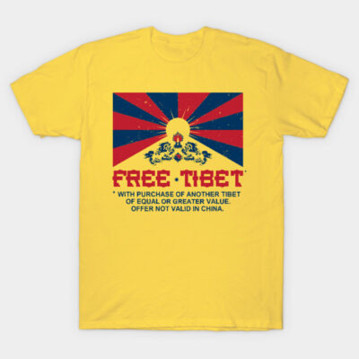 Yellow "Free Tibet" T-shirt with bold graphic design, ideal for casual wear, made from soft cotton material.