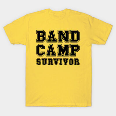 Yellow "Band Camp Survivor" T-shirt with bold black lettering, casual style, suitable for music enthusiasts.