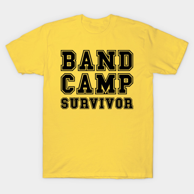 Yellow "Band Camp Survivor" T-shirt with bold black lettering, casual style, suitable for music enthusiasts.