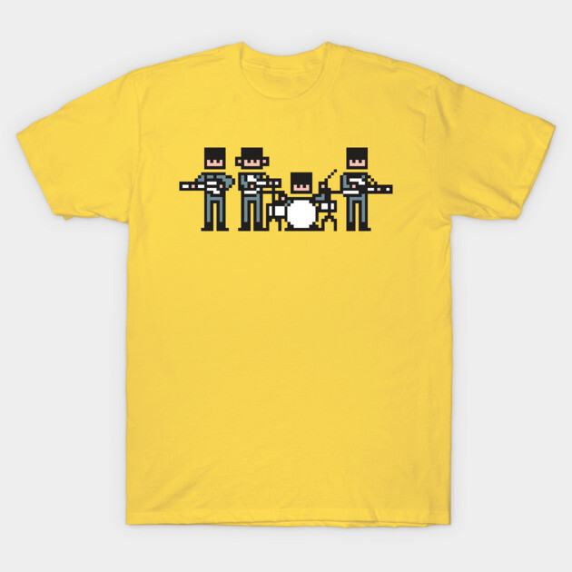 Yellow T-shirt with retro pixel art band design, casual style, soft cotton fabric, ideal for music lovers.