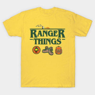Yellow "Ranger Things" graphic t-shirt, featuring outdoor-themed icons, casual wear, cotton material.