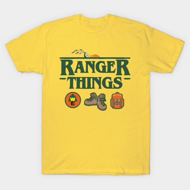Yellow "Ranger Things" graphic t-shirt, featuring outdoor-themed icons, casual wear, cotton material.