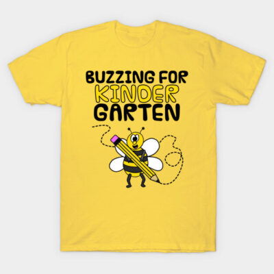 Yellow "Buzzing for Kindergarten" t-shirt with bee and pencil graphic, perfect for back-to-school kids' apparel.