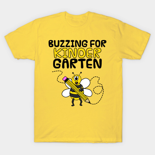 Yellow "Buzzing for Kindergarten" t-shirt with bee and pencil graphic, perfect for back-to-school kids' apparel.