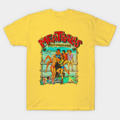 Yellow "Meatballs" graphic T-shirt, casual style, featuring vintage design, perfect for everyday wear.